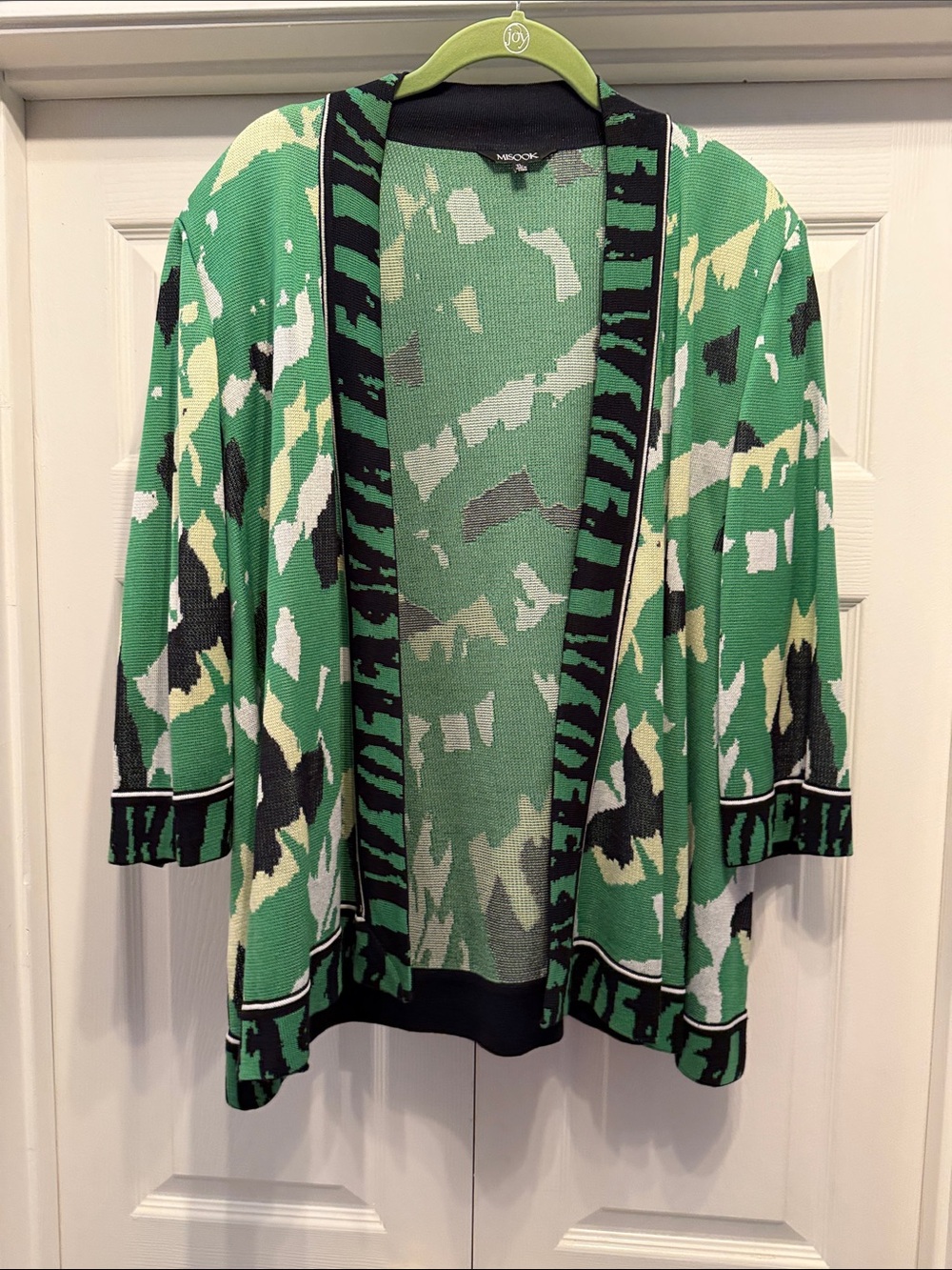 Misook Green, Black and Cream Patterned Open-Front Cardigan